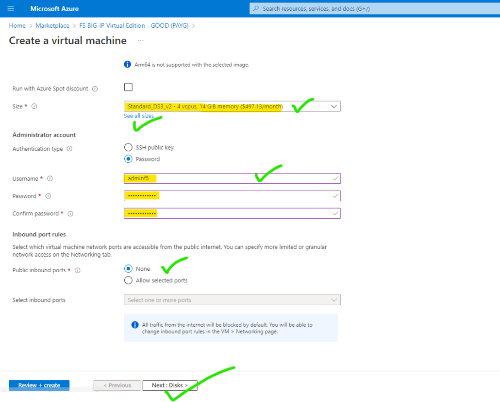 select VM size and give password and select public inboud