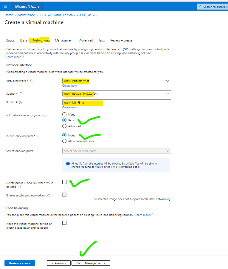 select Vnetsubnet and Public IP nic security 6