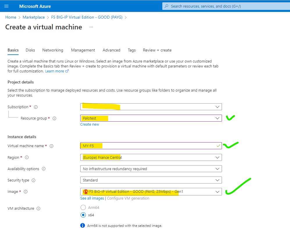 select resource group and name VM and select image